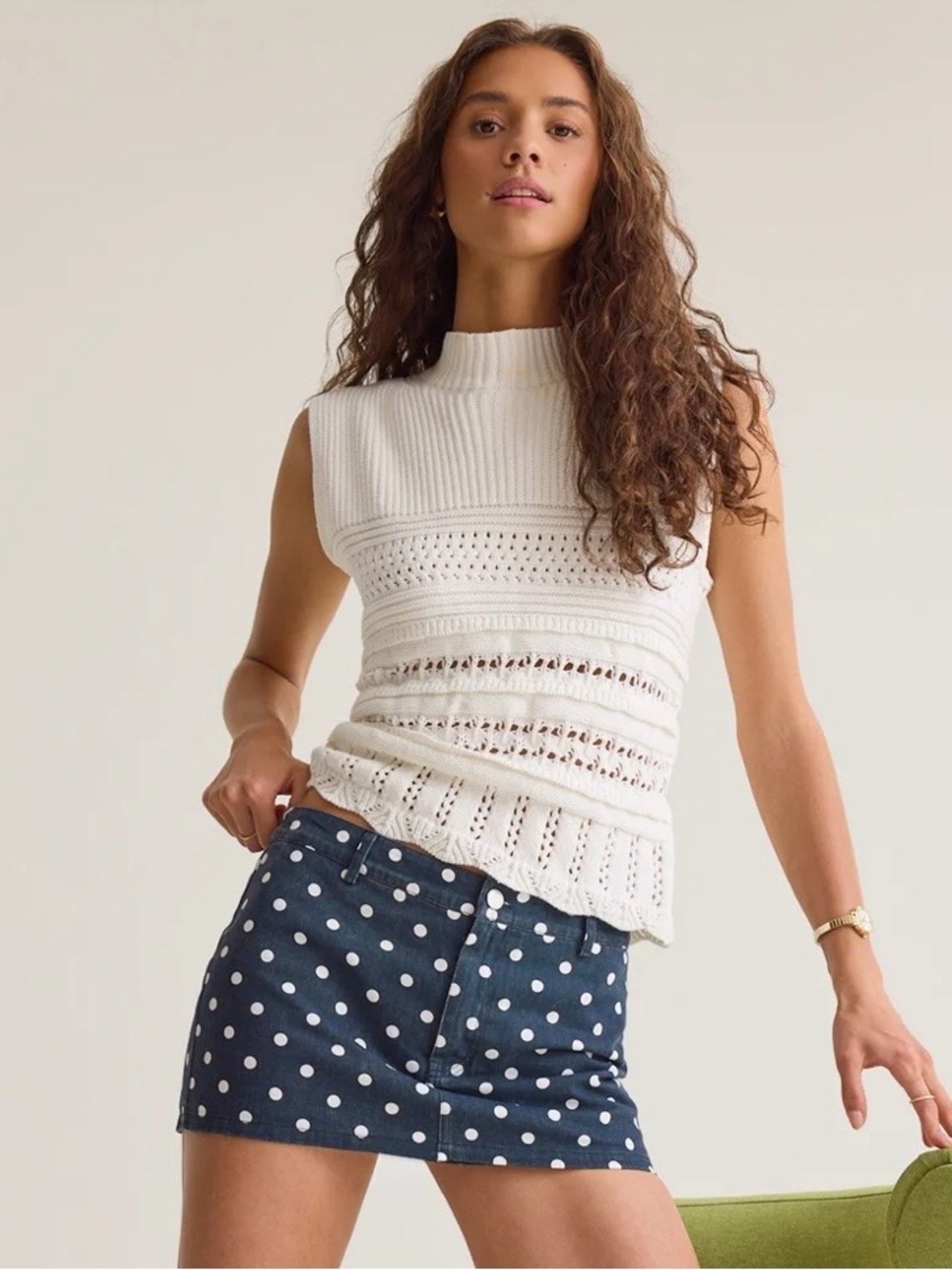 NWT Altar’d State Emmeline Mock Neck Sweater Vest Cream Crochet Cottage